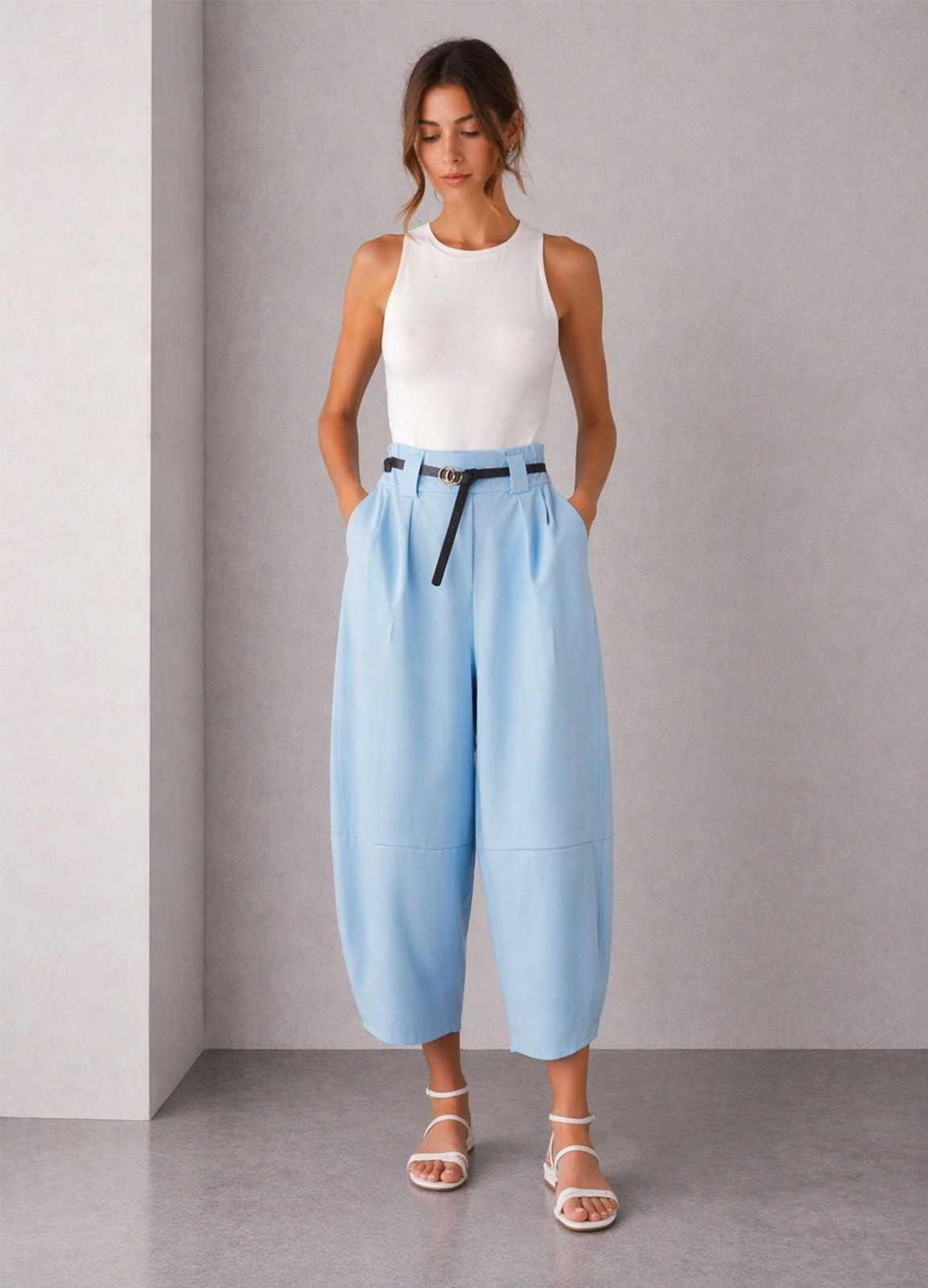 Παντελόνι Barrel με Ζώνη & Φάσα Σιέλ