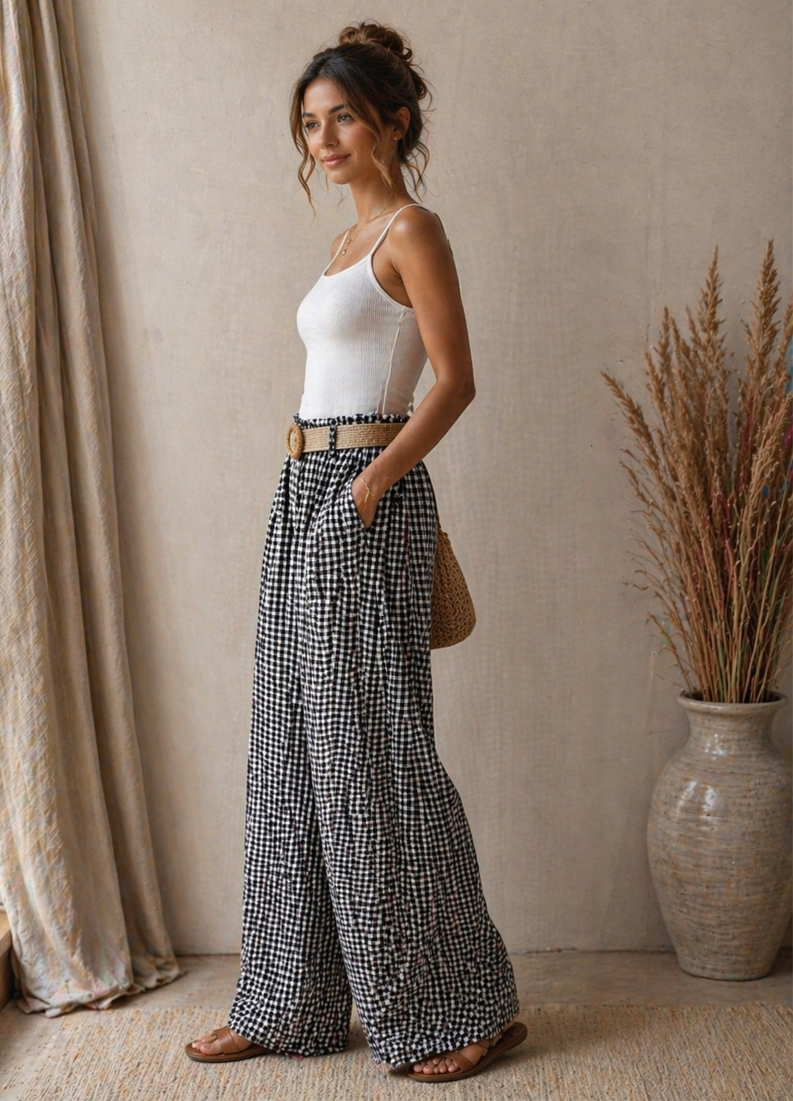 Καρό Παντελόνα με Λάστιχο στη Μέση Black
