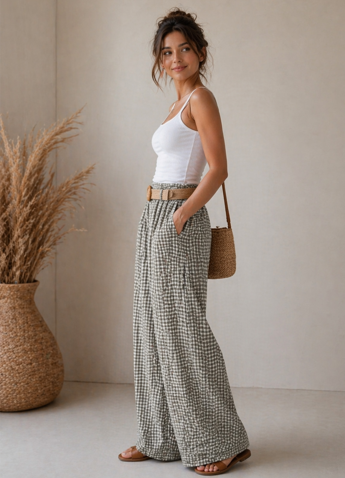 Καρό Παντελόνα με Λάστιχο στη Μέση Gray