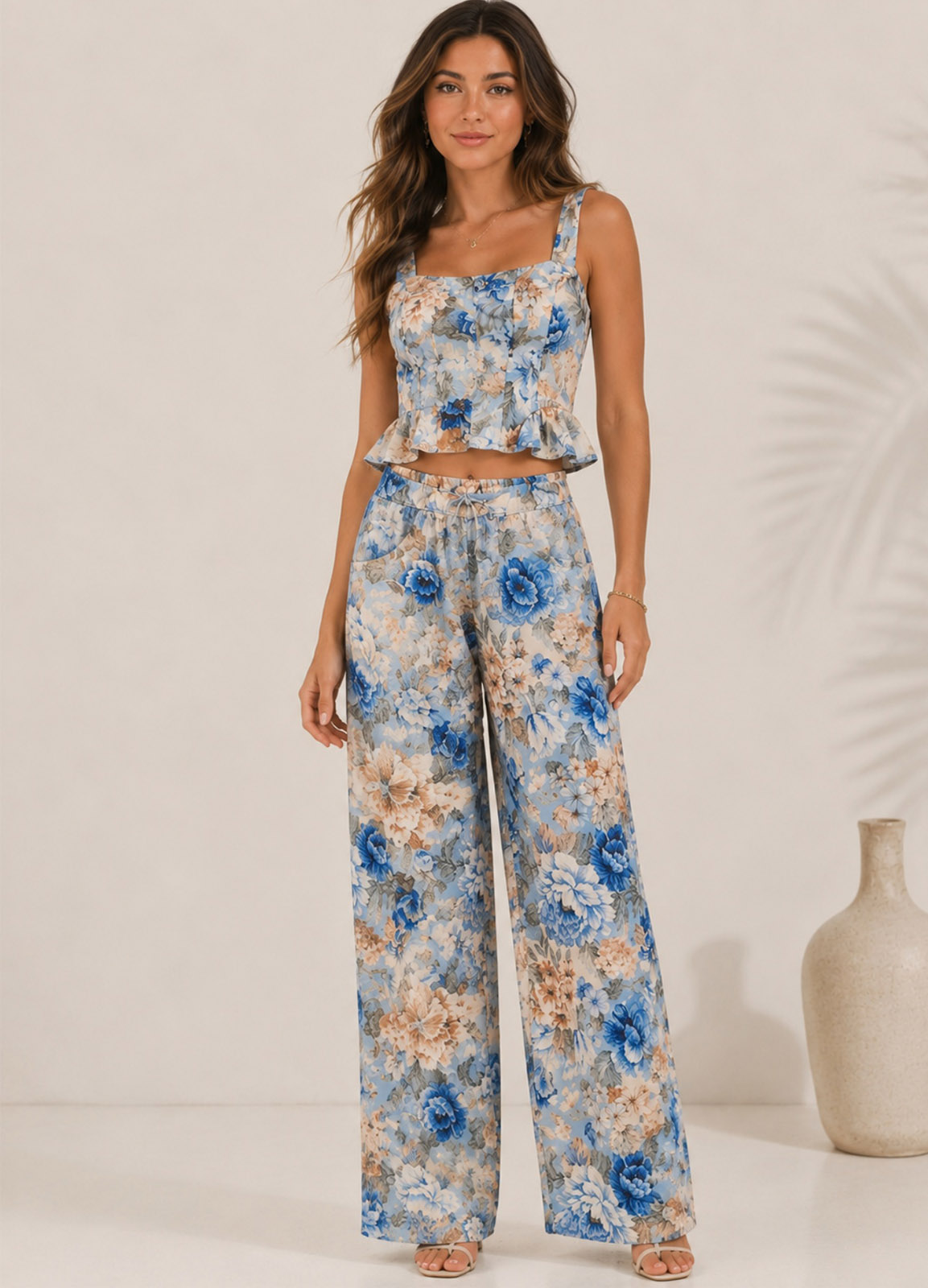 Floral Σετ με Cups Top & Φαρδύ Παντελόνι
