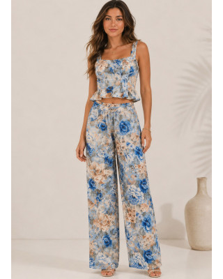 Floral Σετ με Cups Top & Φαρδύ Παντελόνι