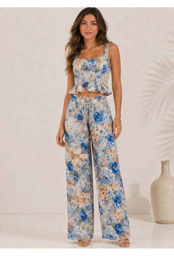 Floral Σετ με Cups Top & Φαρδύ Παντελόνι