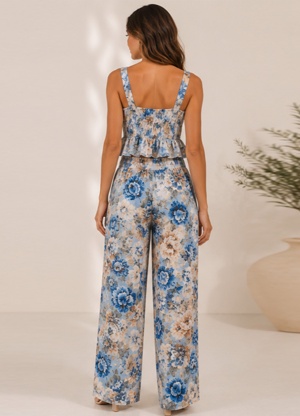 Floral Σετ με Cups Top & Φαρδύ Παντελόνι