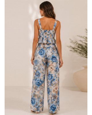 Floral Σετ με Cups Top & Φαρδύ Παντελόνι
