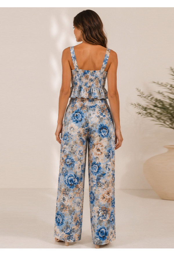 Floral Σετ με Cups Top & Φαρδύ Παντελόνι