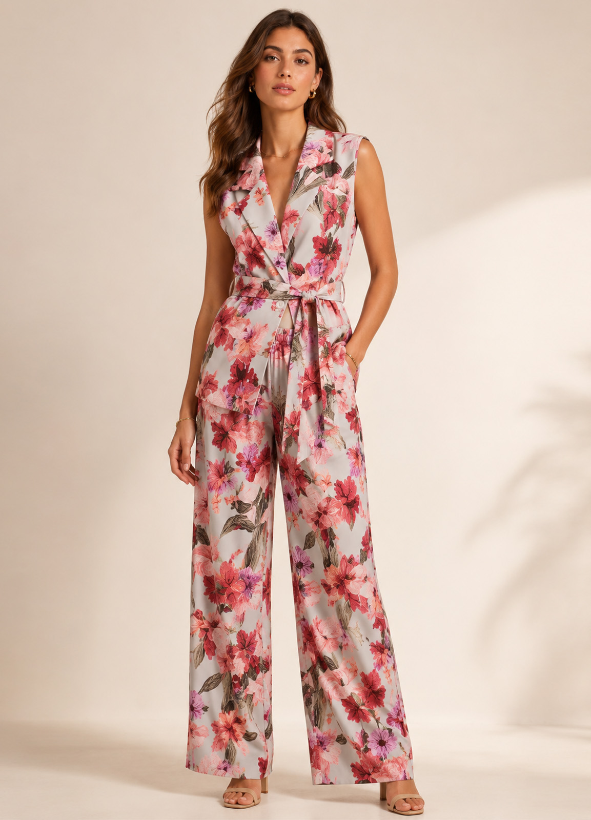 Floral Σετ με Αμάνικο Σακάκι & Παντελόνα Pink