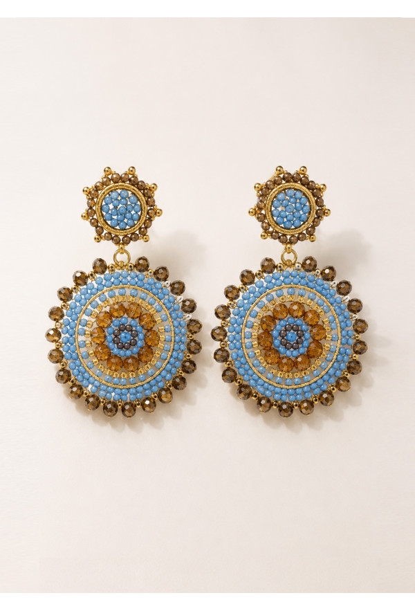 Boho Σκουλαρίκια με Χάντρες σε Σιέλ & Χρυσές Αποχρώσεις