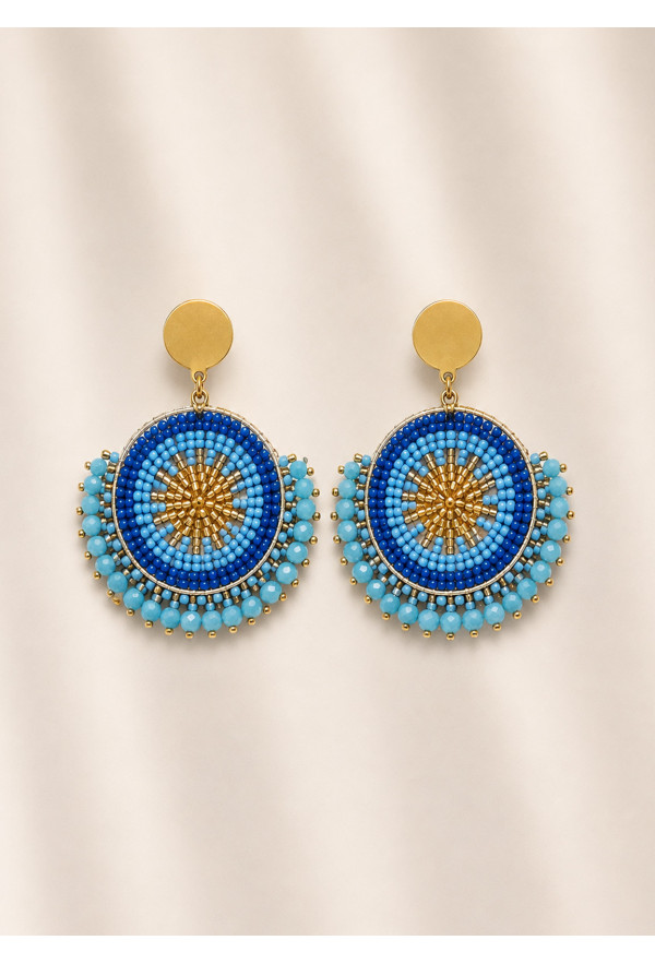 Boho Σκουλαρίκια με Μπλε Χάντρες & Χρυσές Λεπτομέρειες