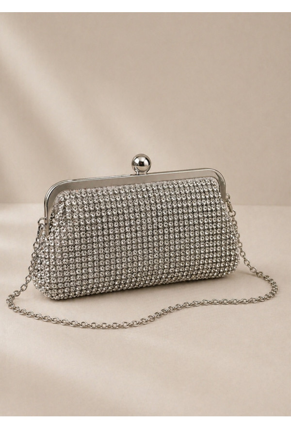 Τσαντάκι Clutch Χειρός & Ώμου με Κρυσταλλάκια – Ασημί