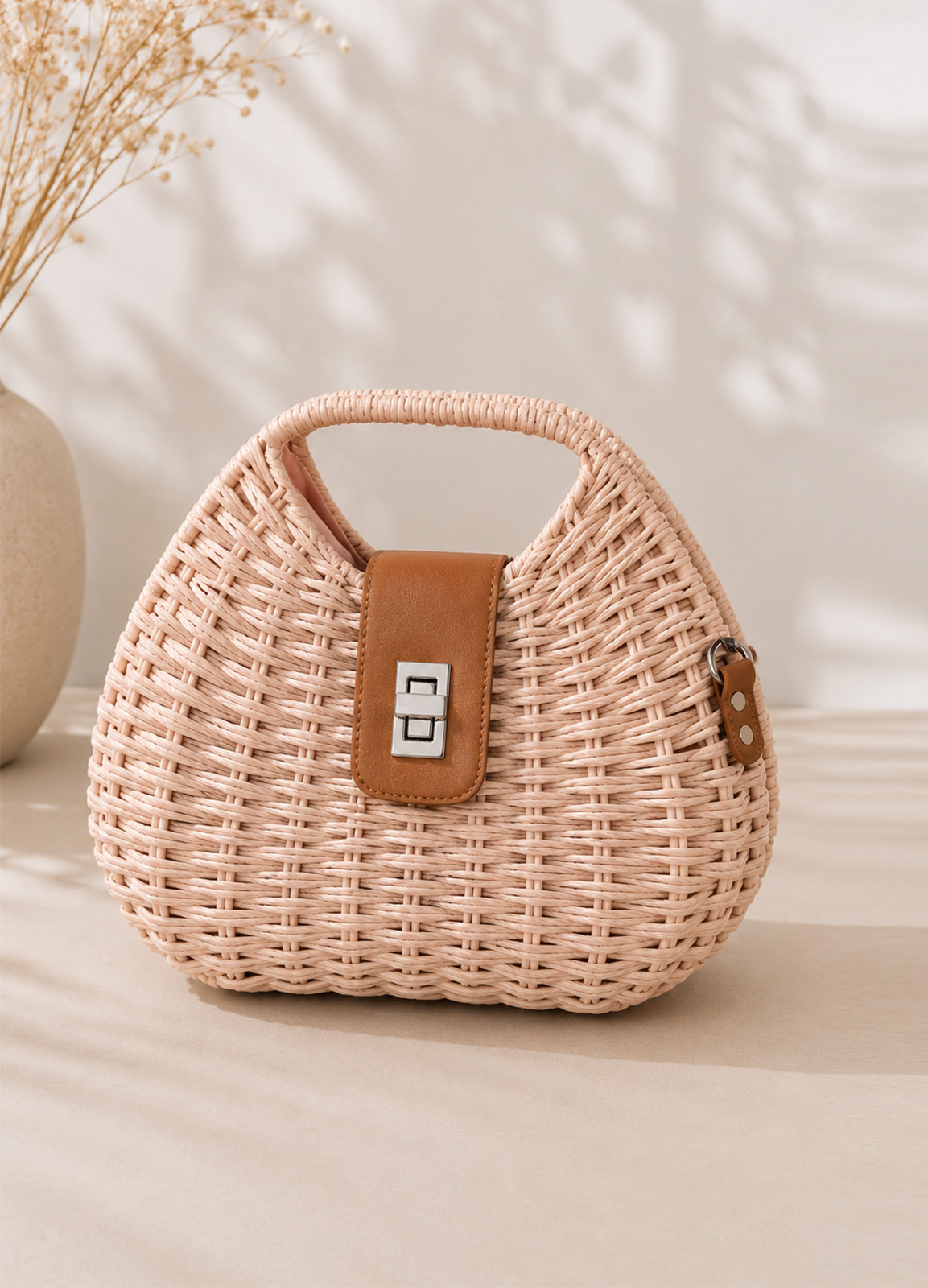 Boho Chic Ψάθινη Τσάντα σε Nude Pink Απόχρωση
