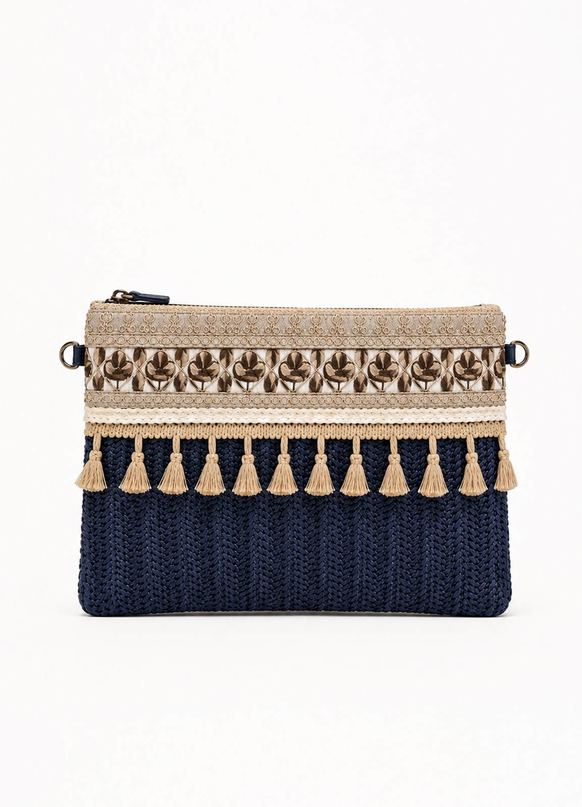 Ψάθινη Boho Τσάντα Ώμου Navy με Διακοσμητικές Λεπτομέρειες