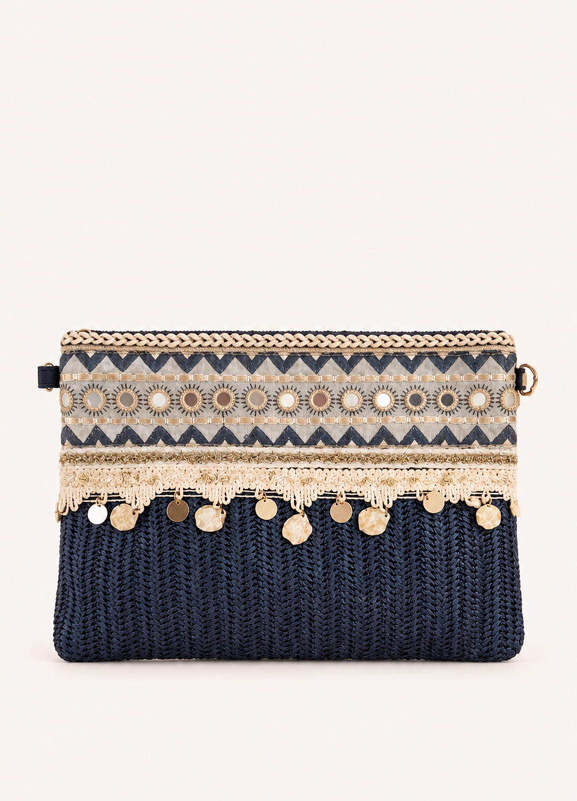Ψάθινη Boho Τσάντα Ώμου Navy με Διακοσμητικές Λεπτομέρειες