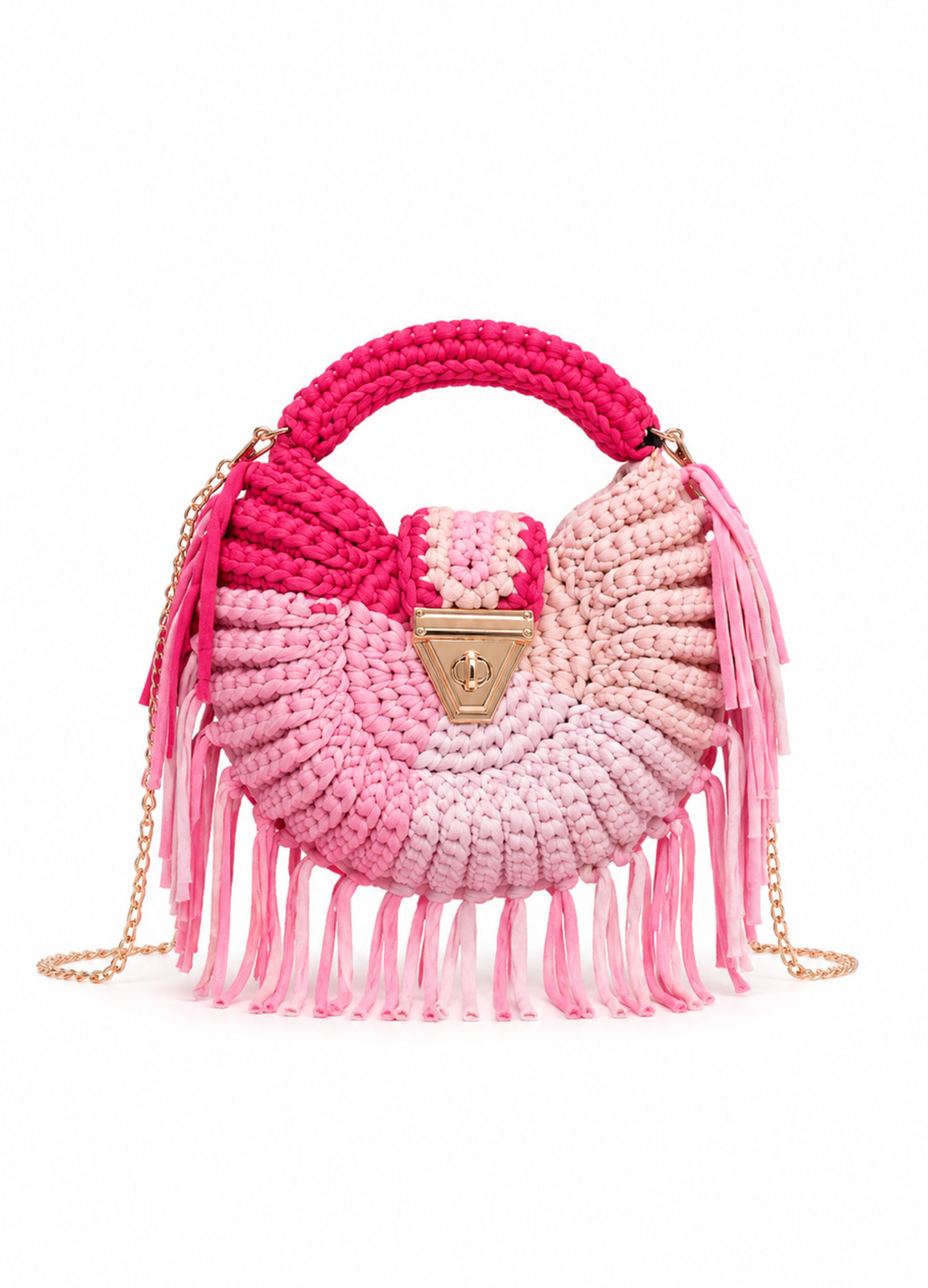 Πλεκτή Τσάντα Ώμου Pink Ombre με Κρόσσια