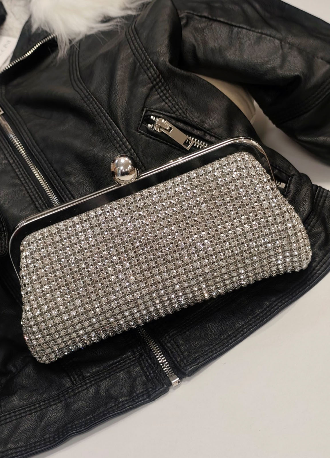Τσαντάκι Clutch Χειρός & Ώμου με Κρυσταλλάκια – Ασημί