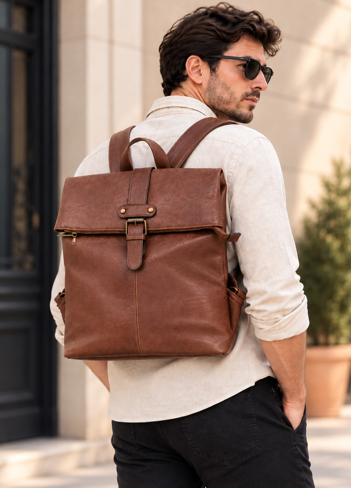 Backpack από Τεχνόδερμα σε Vintage Στυλ Brown