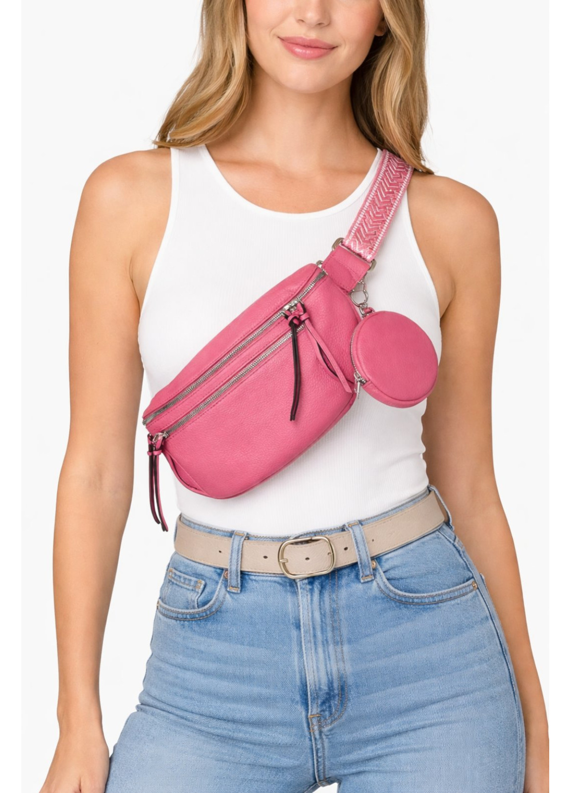 Τσάντα Χιαστί/Μπανάνα Φούξια με Στρογγυλό Πορτοφόλι