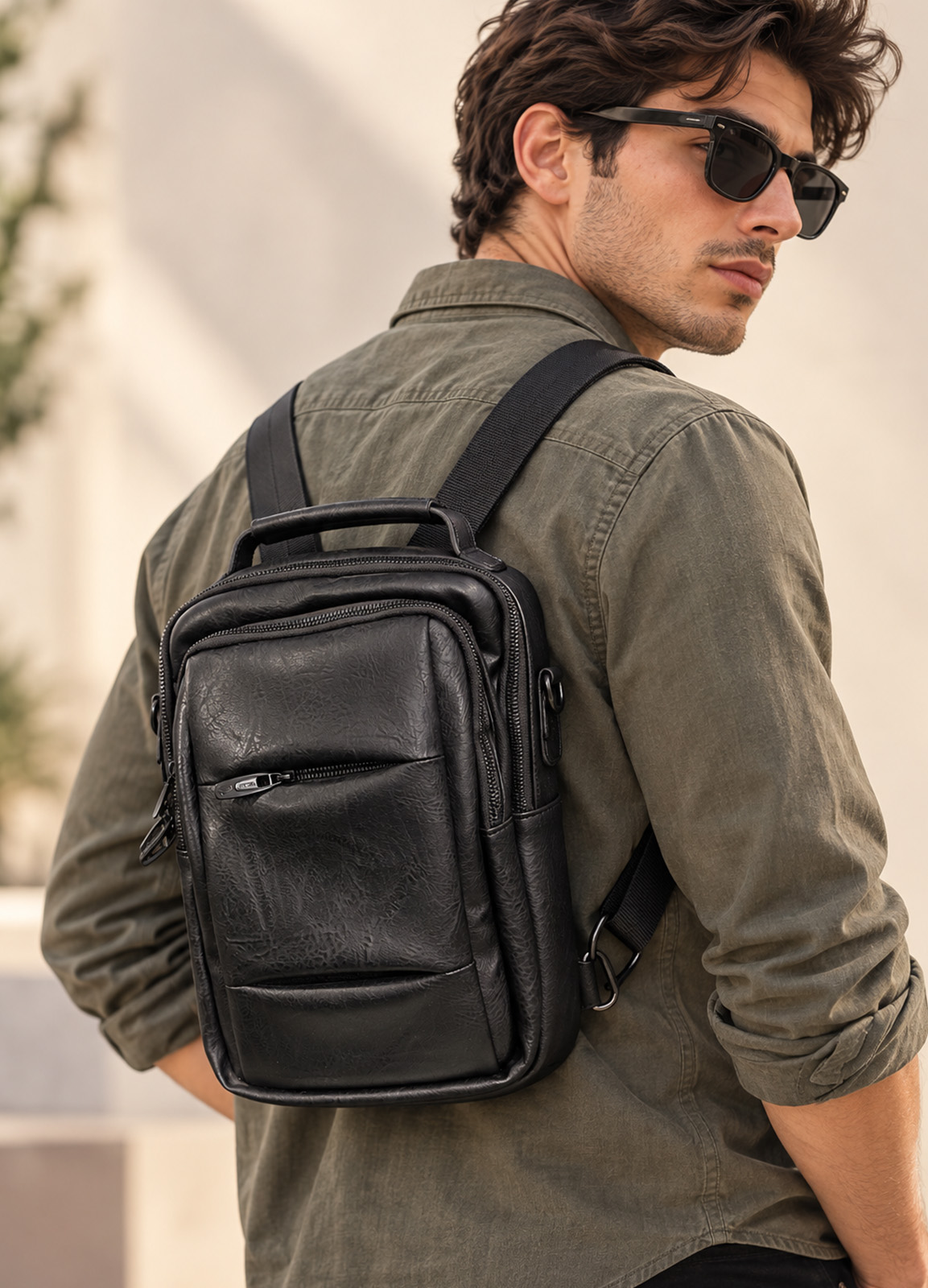 Ανδρικό Μικρό Πολυμορφικό Backpack από Τεχνόδερμα με Θύρα USB – Black