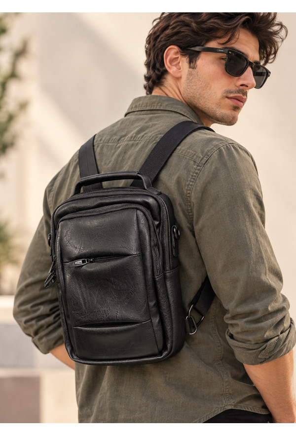 Ανδρικό Μικρό Πολυμορφικό Backpack από Τεχνόδερμα με Θύρα USB – Black