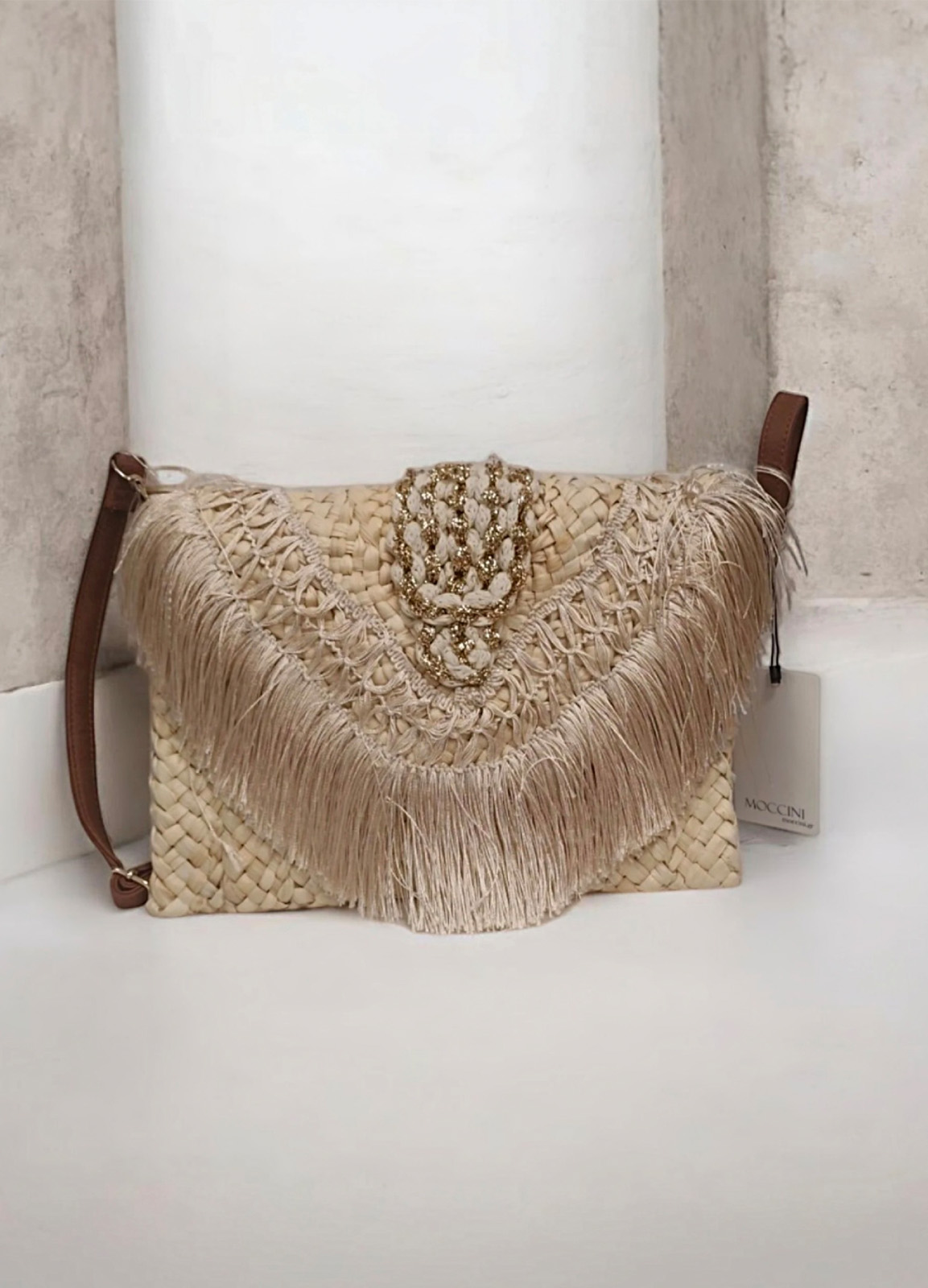 Ψάθινη Τσάντα Φάκελος Ώμου/Χιαστί με Κρόσσια