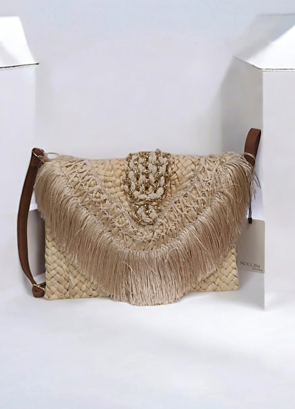 Ψάθινη Τσάντα Φάκελος Ώμου/Χιαστί με Κρόσσια