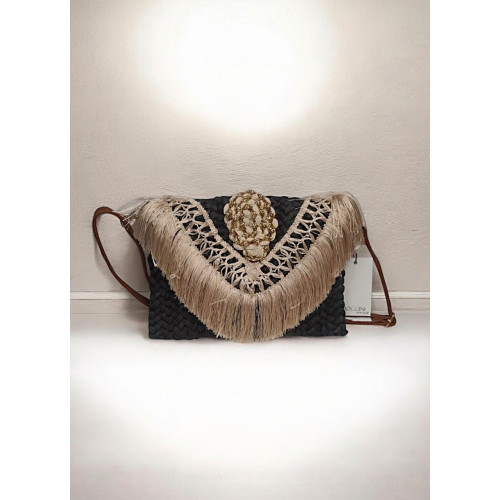 Ψάθινη Τσάντα Φάκελος Ώμου/Χιαστί με Κρόσσια