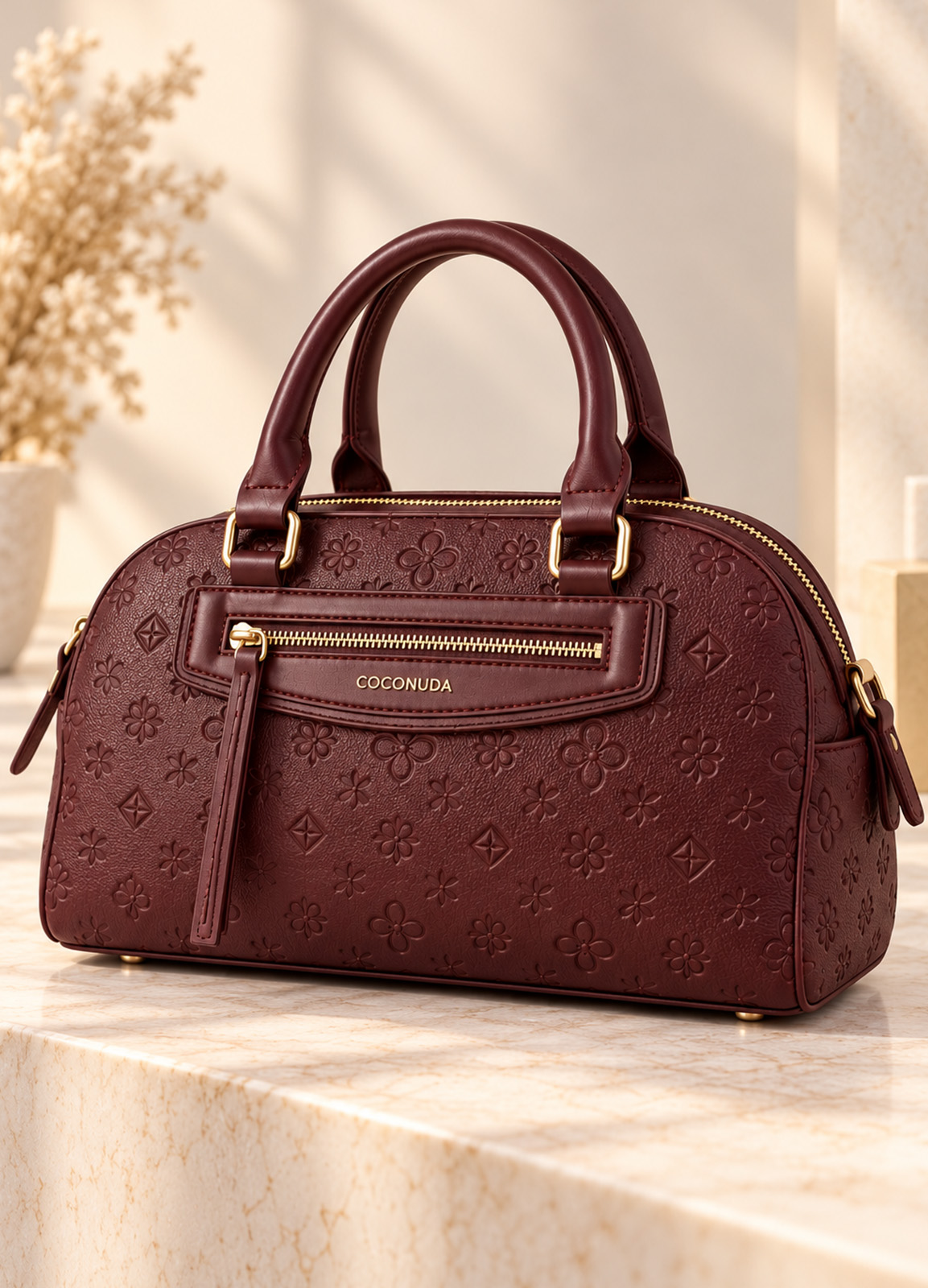 Τσάντα Χειρός και Ώμου με Ανάγλυφο Floral Σχέδιο Burgundy