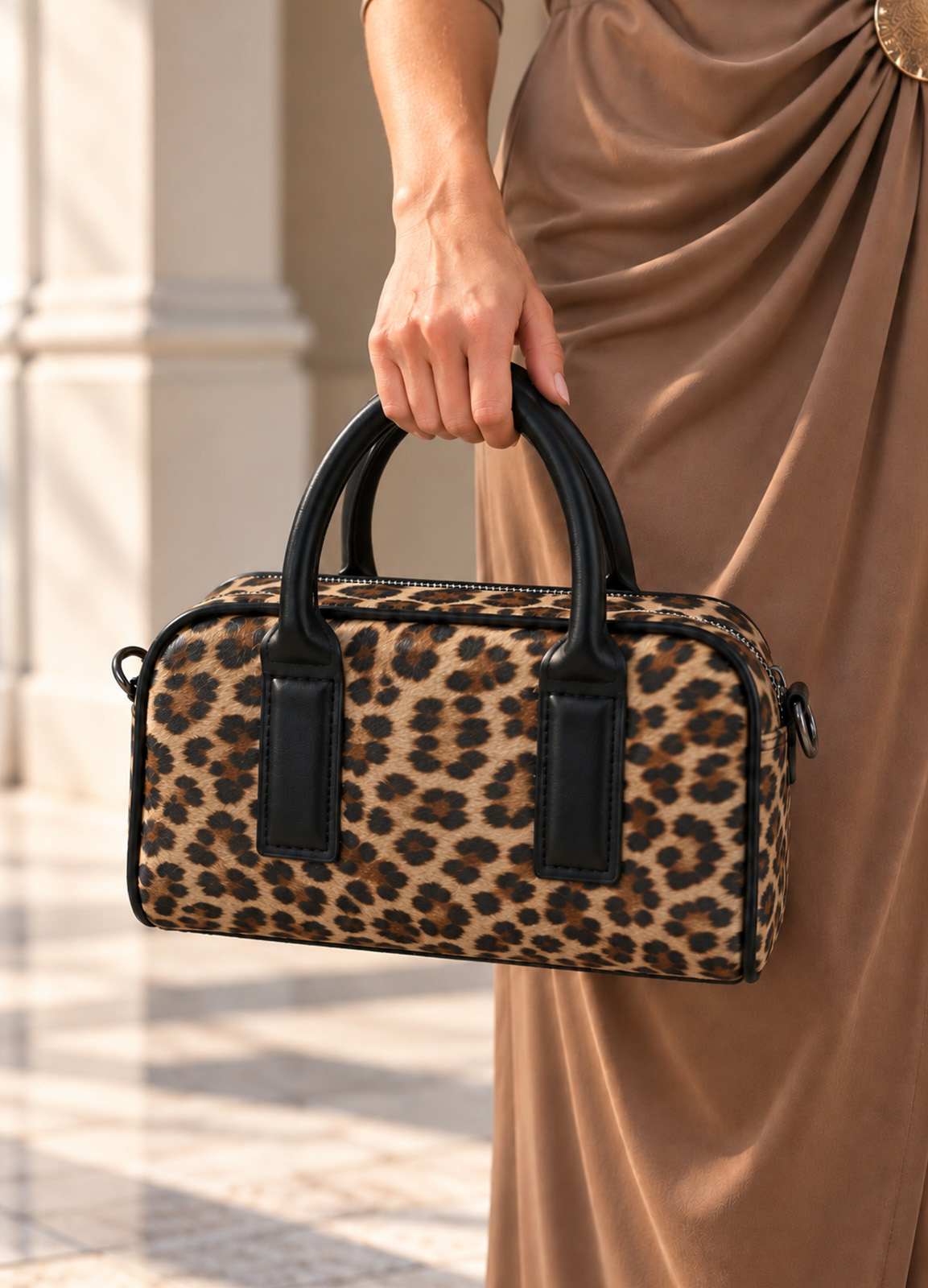 Τσάντα Ώμου/χειρός Animal Print με Μαύρες Λεπτομέρειες Brown