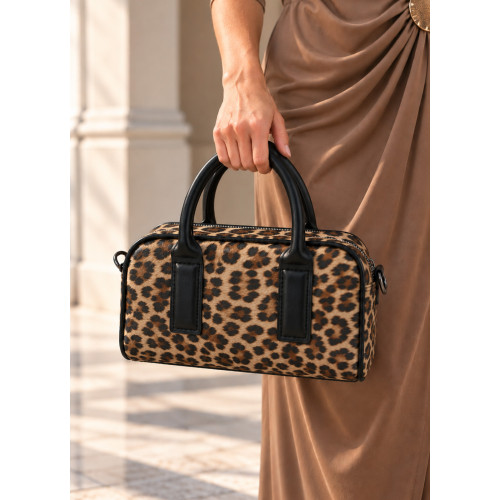 Τσάντα Ώμου/χειρός Animal Print με Μαύρες Λεπτομέρειες Brown
